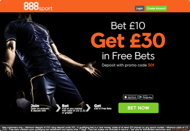 888Sport Free Bet - Bet £10, Get £30 in Free Bets (3x£10). Use Promo Code "30F"