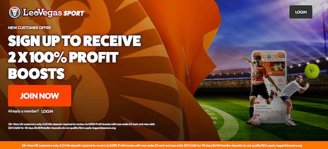 LeoVegas Free Bet for Sports Betting - 2x 100% Profit Boosts